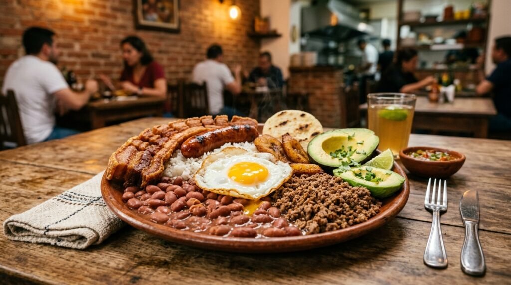 Bandeja paisa tradicional colombiana con frijoles, chicharrón, arroz, huevo, aguacate y arepa