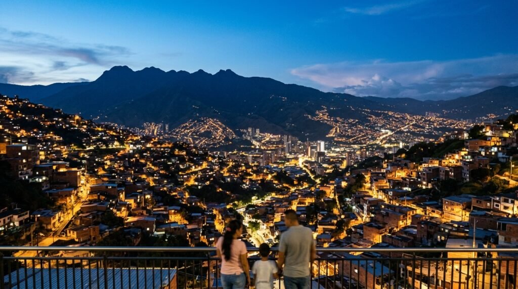 Vista nocturna de Medellín desde las comunas — millones de luces en el Valle de Aburrá