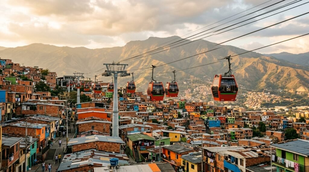 Sistema Metro Cable de Medellín sobre las comunas coloridas con los Andes de fondo