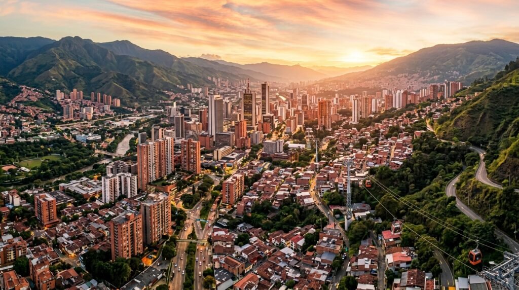 Vista aérea de Medellín moderna al atardecer con el Valle de Aburrá y los Andes