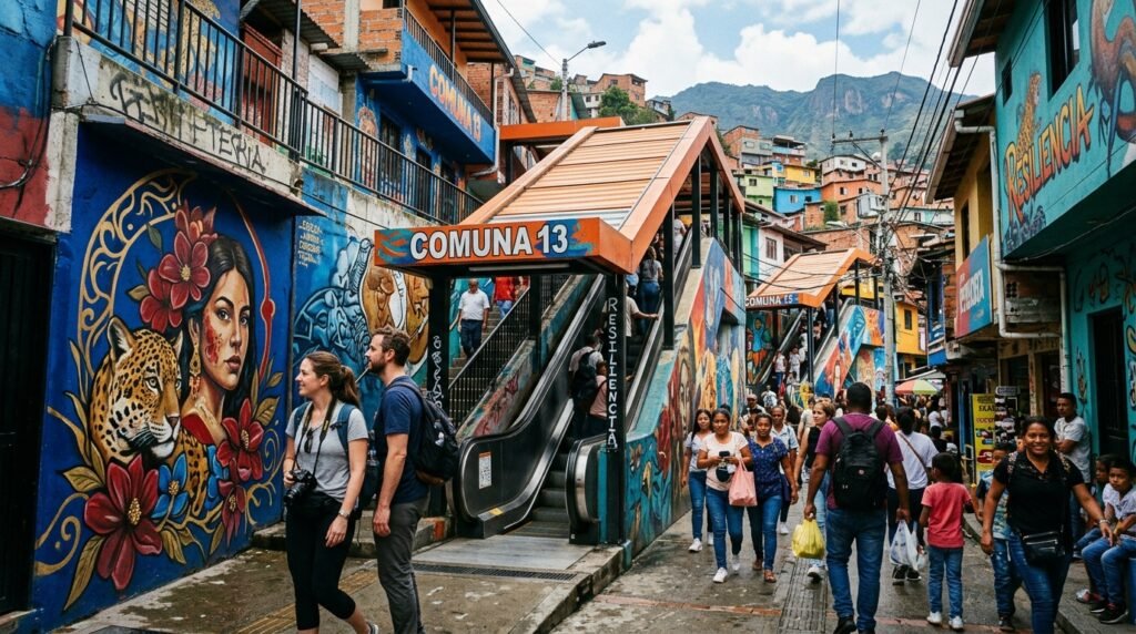 Las escaleras mecánicas y murales de la Comuna 13 de Medellín — arte y transformación urbana